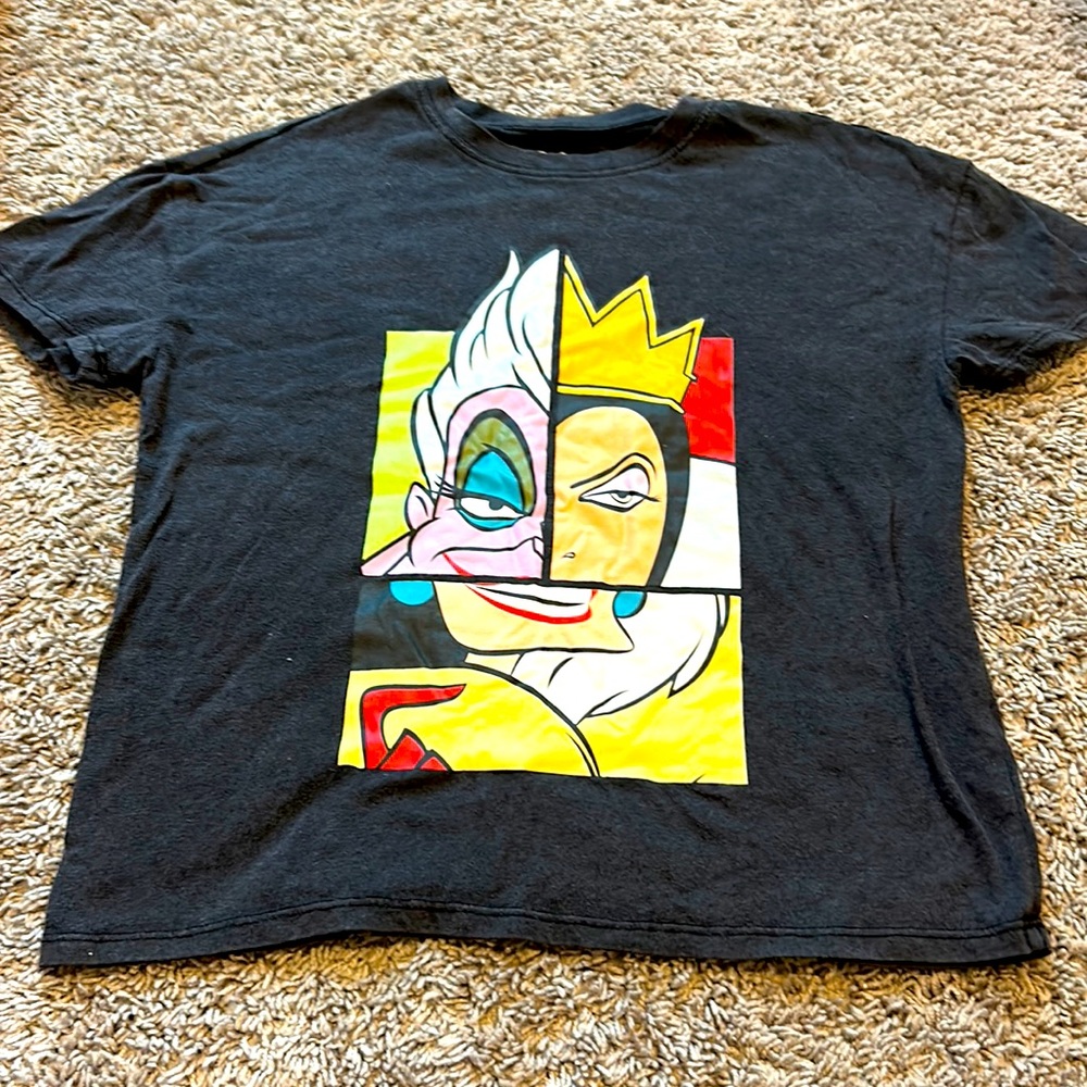 Women’s gray tee with villains on it.